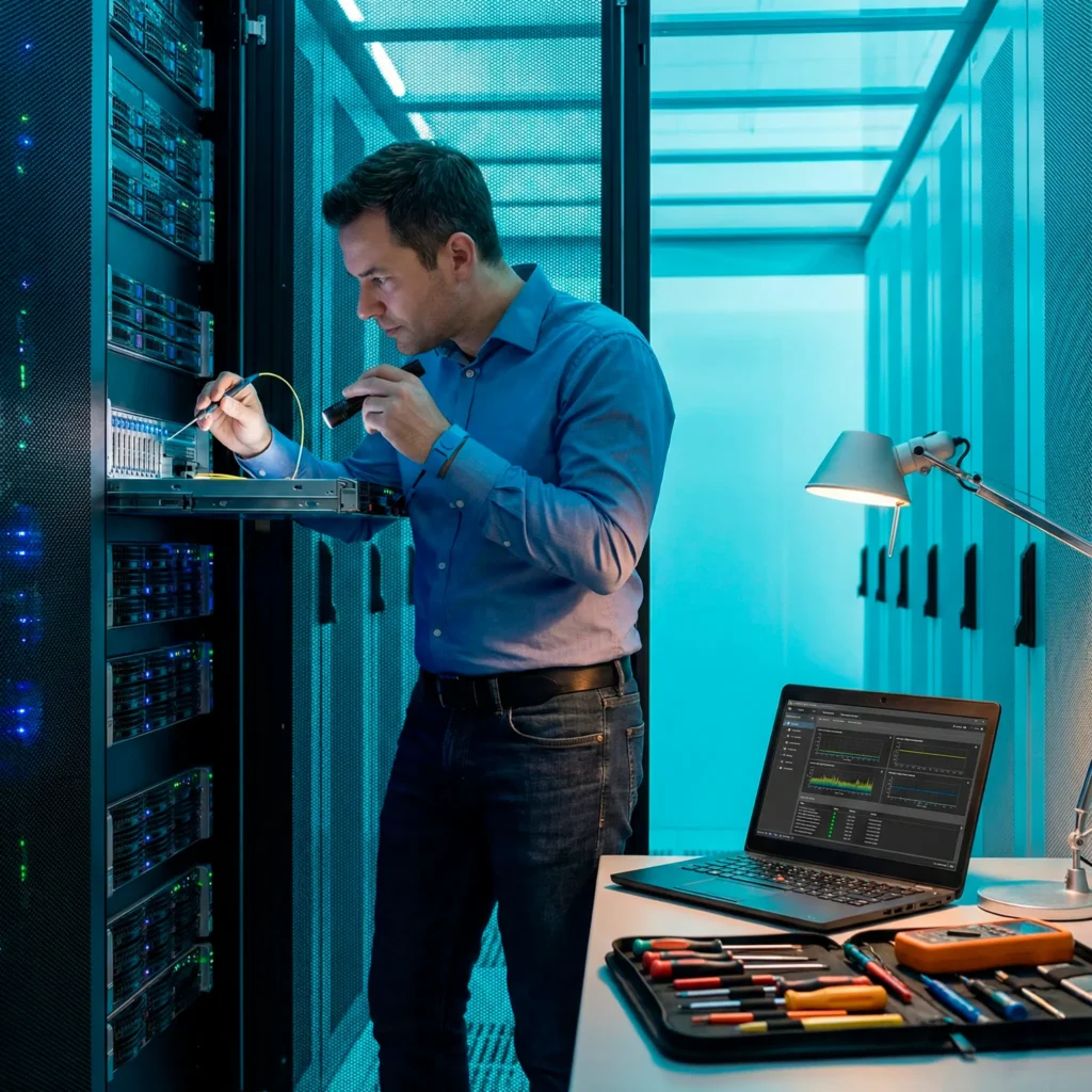 T&eacute;cnico experto realizando soporte t&eacute;cnico para empresas y mantenimiento de servidores en Lima